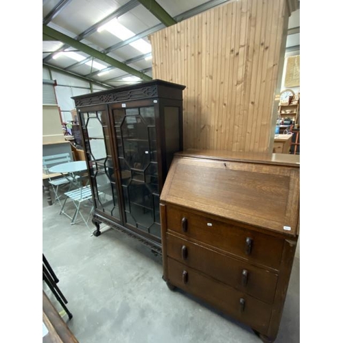 161 - Victorian mahogany display cabinet with 1 key 152H 107W 33D and an oak bureau 106H 78W 47D