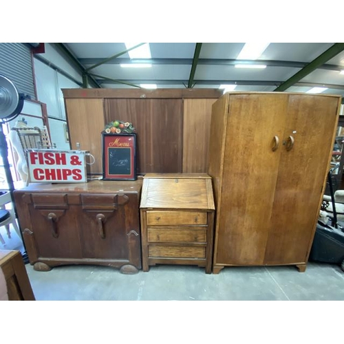 176 - Oak utility sideboard 97H 122W 47D, oak bureau 101H 74W 39D and a 1960's oak 2 door wardrobe 178H 10... 