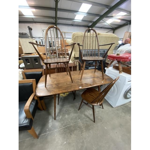 188 - Mid century Ercol dining table 72h x 152w x 67d cm with 2 Windsor Quaker carver chairs and 3 single,... 