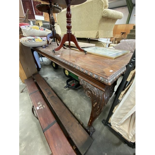 195 - Chippendale style mahogany library table on ball and claw feet 76H 214W 98D