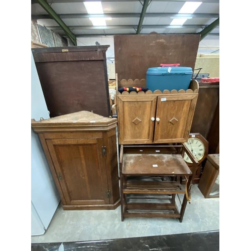 218 - Victorian pine corner cabinet 106H 70W 37D. oak wall cabinet 60H 65W 24D, 2 book troughs 66H 60W 27D... 