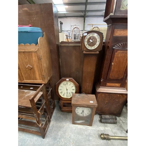 219 - National Electric time recorder, oak grandmother clock and a Victorian mahogany school clock (all so... 