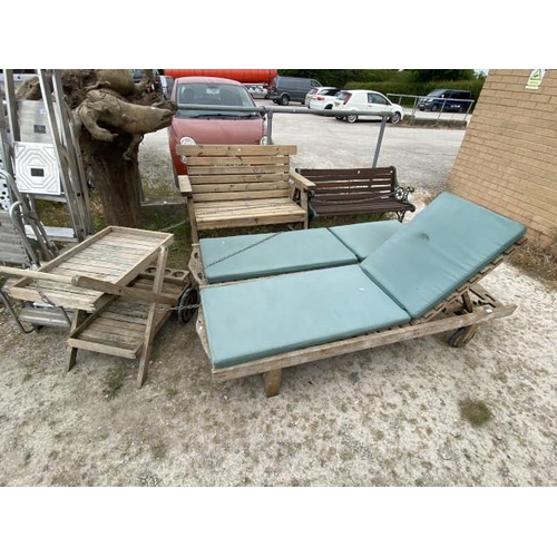 236 - 2 teak steamer chairs with cushions 33H 66W 210D and a wooden drinks cart 81H 49W 90D