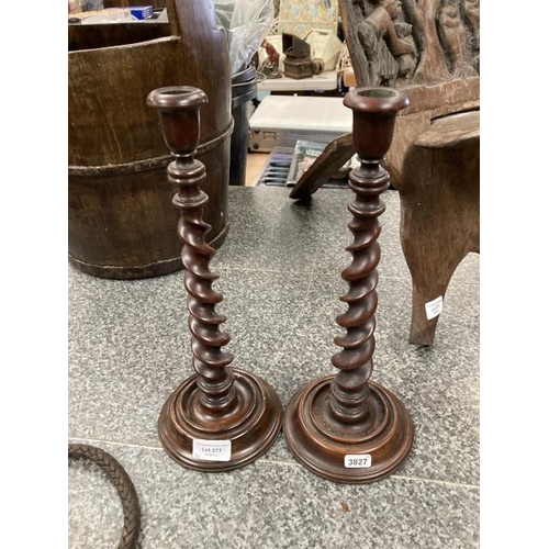 273 - Pair of carved twist wooden candlesticks