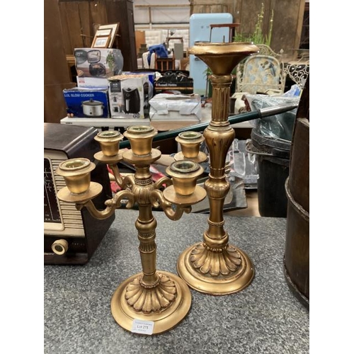 275 - Gilt candelabra and pricket candlestick