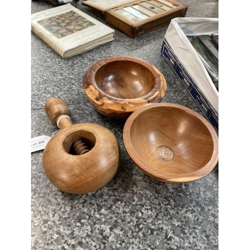 295 - Yewood Bowl, Burr Wood Bowl & Treen Nutcracker