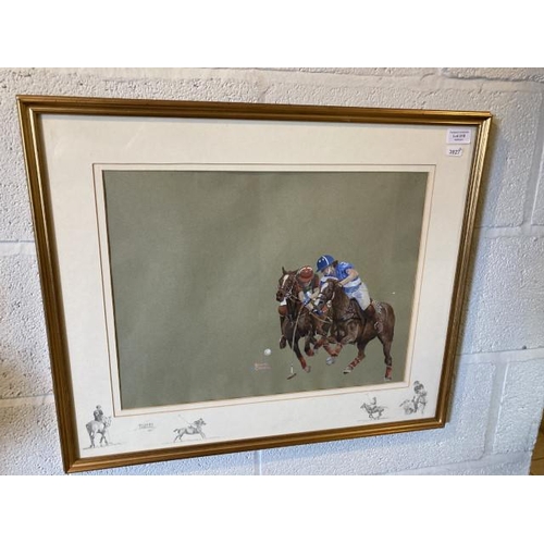 318 - Watercolour of Polo Players by Richard Carman with pencil drawings to the border