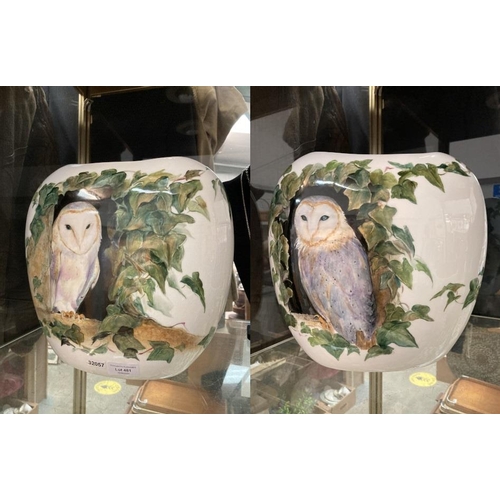 481 - Large ovoid vase, hand painted with owl and ivy front and back by Sally-Anne Lugg