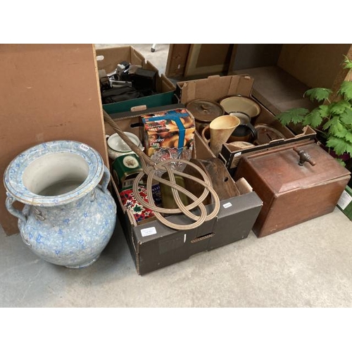 523 - Carpet beater, stone ware jars, pots, tins, Sylvac vase etc.