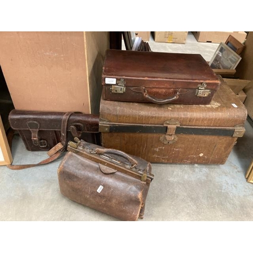 526 - Tin trunk 59W 34H 39D, leather doctors bag, leather satchel & leather travel case