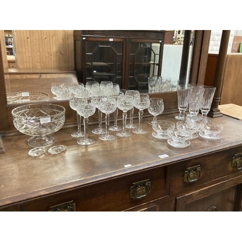 575 - 8 cut glass hock glasses, 1 cut glass brandy glass, 5 cut glass sundae dishes & a pedestal cut glass... 