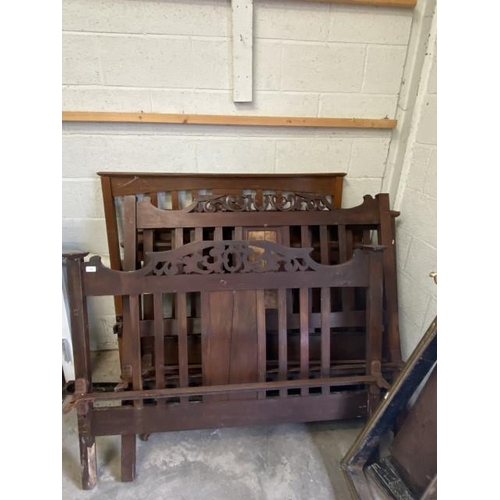 6 - Art Nouveau oak double bed frame with side irons, 2 mahogany double bed frames (no irons)