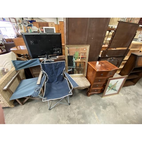 64 - Directors chair, 2 folding garden chairs, pair of Victorian mahogany balloon back chairs, gilt frame... 