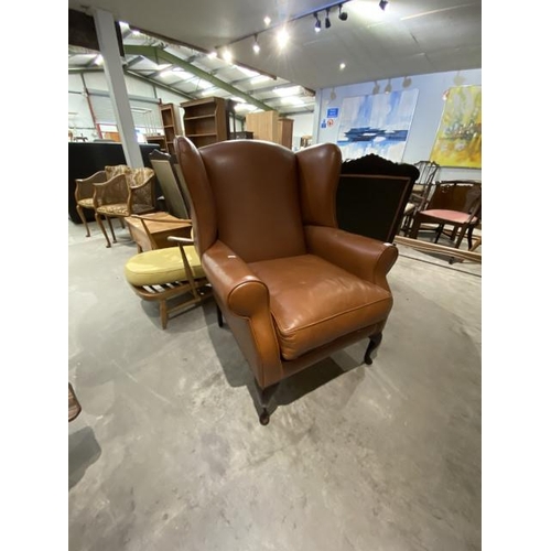 77 - Laura Ashley tan leather wing armchair 85W