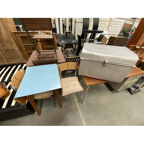 92 - 1960's Formica kitchen table 77H 90W 60D, 2 modern beech and chrome chairs and a vintage metal trunk... 