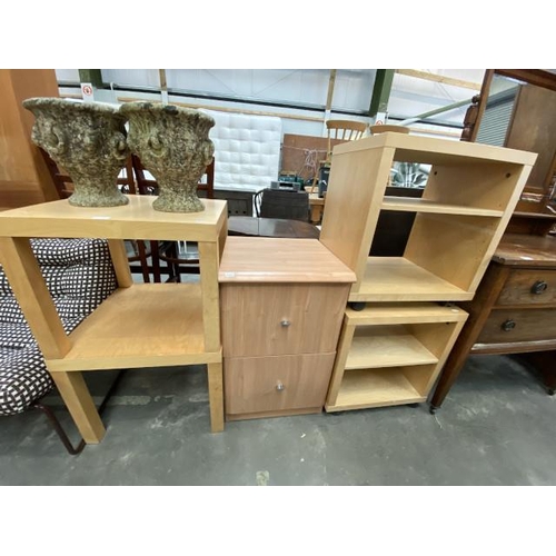 98 - Pair of beech side tables 45H 55W 55D, beech 2 drawer filing cabinet 75H 45W 45D and a pair of beech... 