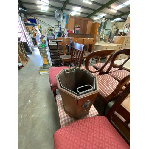 107 - Pair of mahogany side chairs, Victorian oak wine cooler with lead liner and copper lion handles and ... 