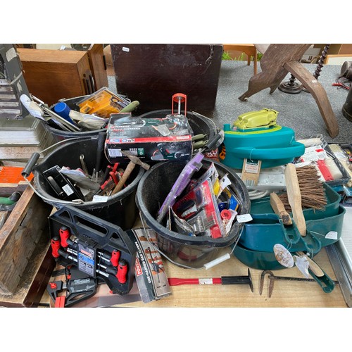 545 - Quantity of tools including garden tools, knife set, hand tools, drills, mitre saw, electric screwdr... 