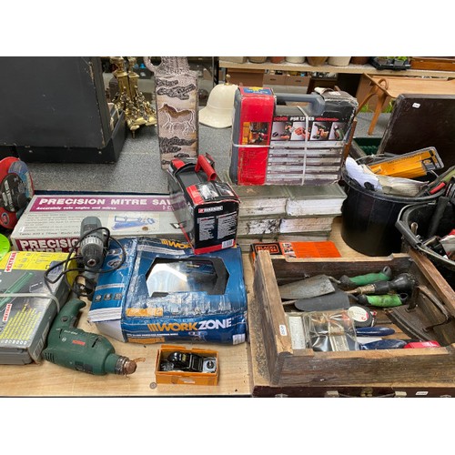 545 - Quantity of tools including garden tools, knife set, hand tools, drills, mitre saw, electric screwdr... 