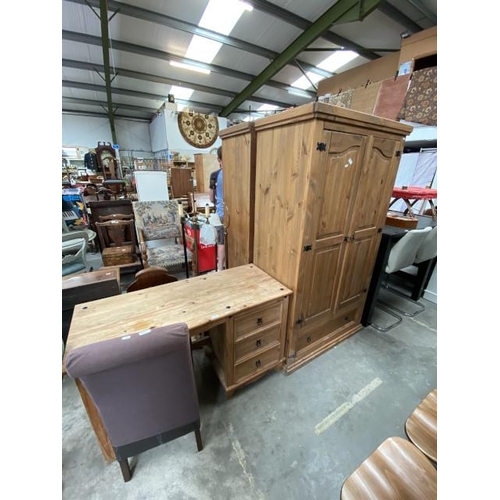 100 - Mexican pine wardrobe 189H 103W 59D, dressing table 77H 128W 55D and chair