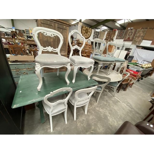 117 - 2 shabby chic dining tables 76H 140W 80D & 76H 139W 107D and 8 chairs