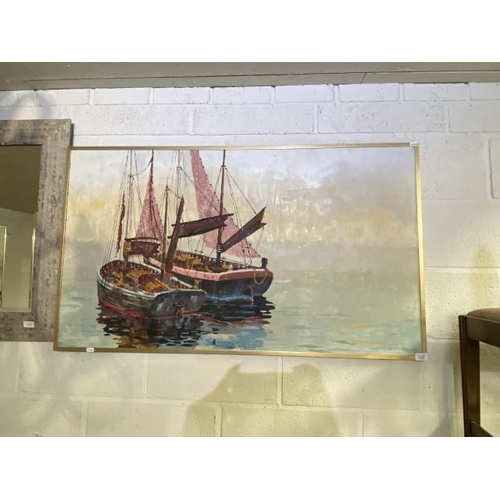 129 - Gilt framed mid century oil on board of sailing boats 71H 122W (unsigned)