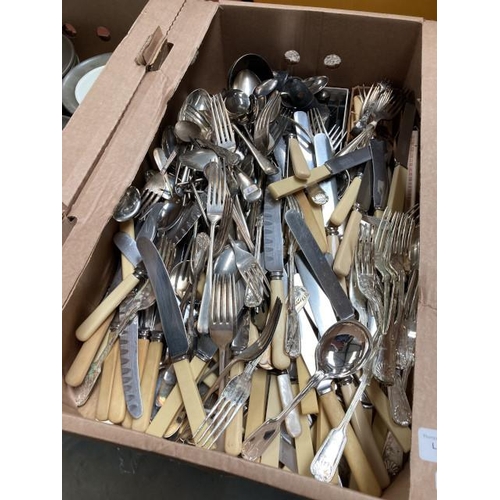 450 - Box of mainly silver plated cutlery Inc. Sheffield, Elkington etc.