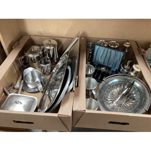 453 - 2 boxes of stainless steel wares, silver plate, etc.