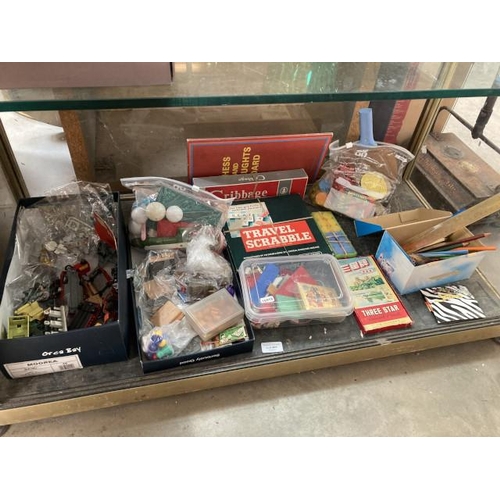 469 - Shelf of vintage games Inc. Scrabble, Three Star, Cribbage, play worn cars, etc.