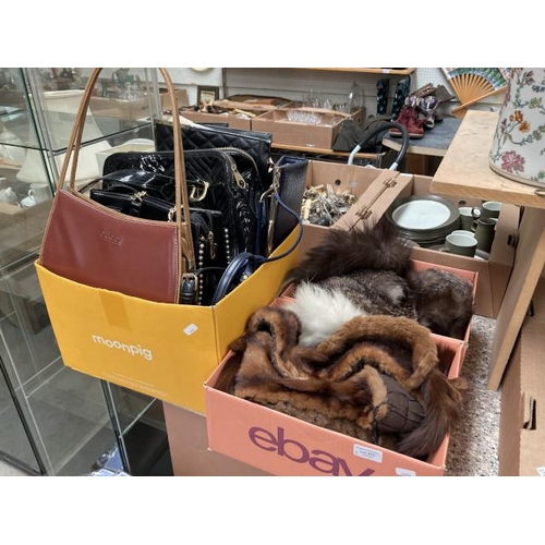 473 - 2 boxes of fur stoles & box of handbags