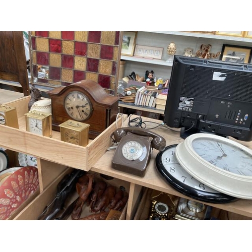 477 - Mahogany inlaid mantle clock, 2 wall clocks, brown vintage telephone, 3 carriage clocks Inc. Bentima... 