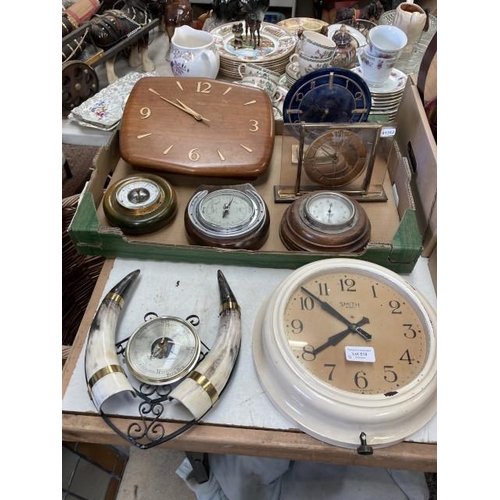 519 - 4 vintage Smith's clocks including wall mounted 8 day and one other, 3 barometers incl Smith's