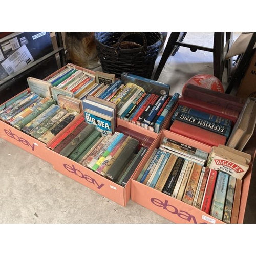 524 - 6 boxes of books incl childrens Biggles, Heidi Grows Up etc & Stephen King, The Big Sea etc