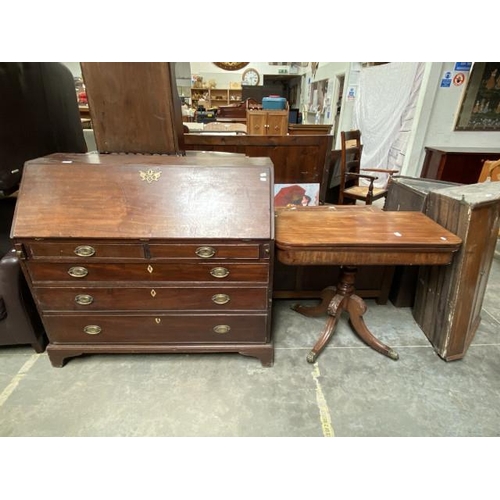 75 - George III mahogany bureau 117H 119W 52D and a Regency fold over table 76H 92W 45D