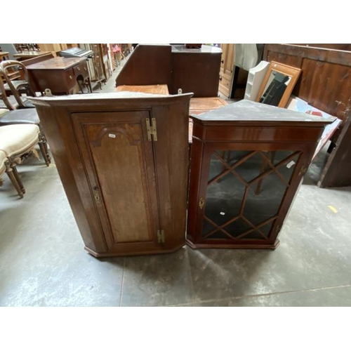 76 - George III glazed mahogany corner cupboard (87H x 66W x 39D) and a George III oak corner cabinet (92... 