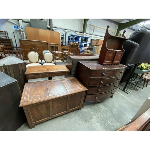 77 - George III bow fronted chest 102H 109W 58D, oak blanket box 61H 106W 53D and a Victorian wall cabine... 