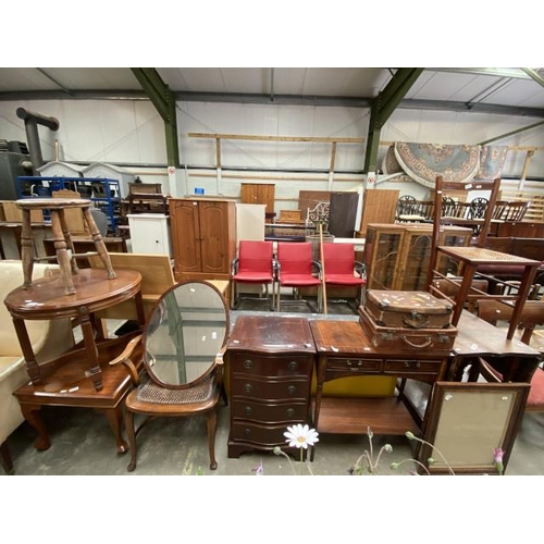 81 - Mahogany 4 drawer chest 75H 46W 37D, mahogany side table 75H 67W 32D, Bergere chair 58W etc