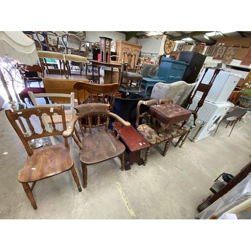 91 - Oak captains chair 66W , brown faux leather foot stool 32H x 36D x 37W, mahogany plant stand 87H etc