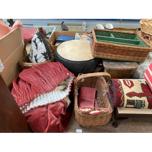 508 - Large collection of assorted cushions, curtains, throws etc (New & Used), footstools, wicker baskets... 