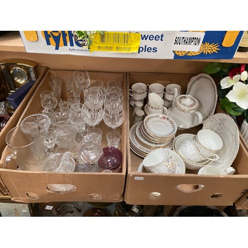 471 - Brass jam pan, 8 boxes & tray of collectables, glassware, china Inc. Paragon 'Belinda' tea set, J&G ... 