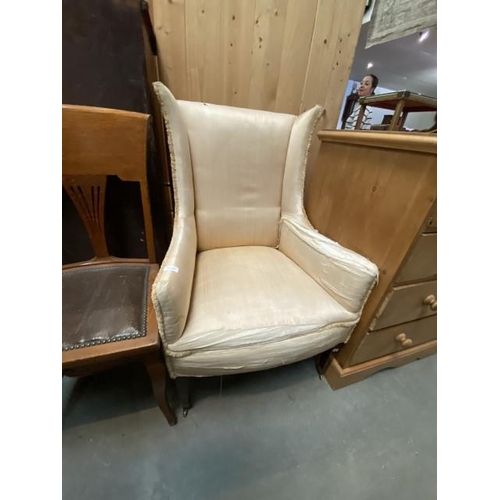 112 - Edwardian upholstered wing armchair 64W (as found)