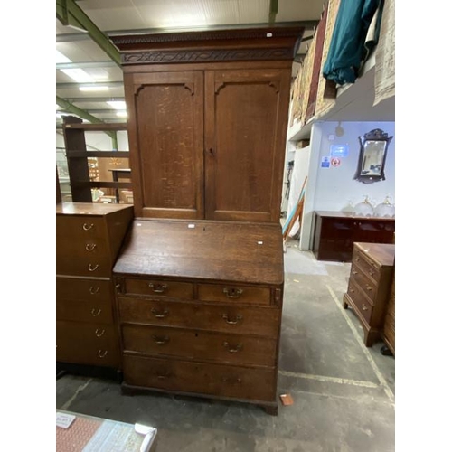 146 - Georgian oak bureau bookcase 230H 104W 55D with 1 key