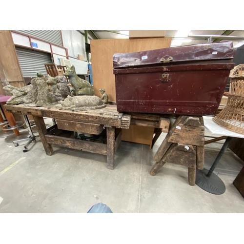 165 - Vintage workshop bench 76H 184W 59D 2 workshop stands and a tin trunk 49H 77W 54D