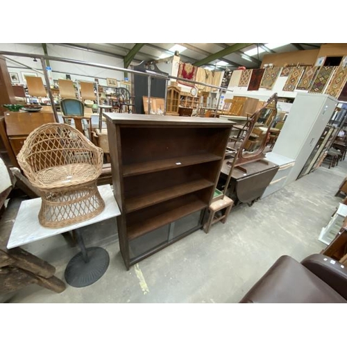 166 - Oak bookcase 135H 102W 27D, child’s wicker chair, oak drop leaf table 73H 115W 144D, Art Deco oak st... 