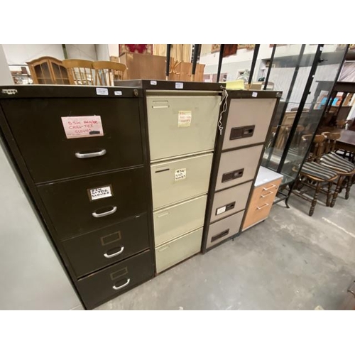 168 - 3 metal 4 drawer filing cabinets (2 with keys) 132H 47W 62D, 136H 46D 59D, 132H 47W 62D and a beech ... 