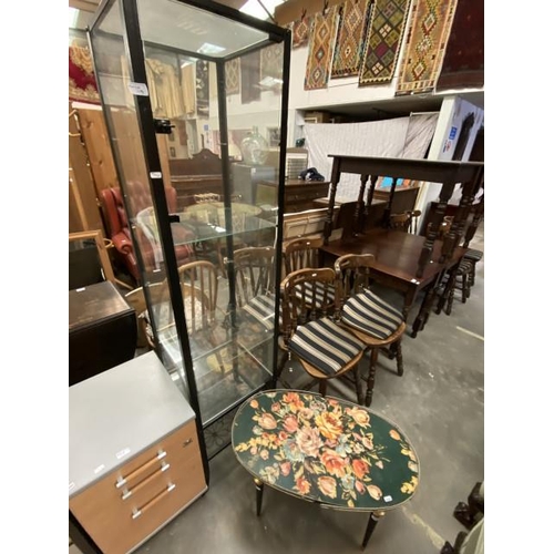 169 - Decoupage oval table 42H 75W 42D and a contemporary display cabinet with 1 key 180H 45W 40D