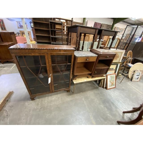 174 - Mahogany display cabinet with 1 key 111H 91W 31D, Art Deco oak bedside cabinet 58H 48W 34D, French o... 