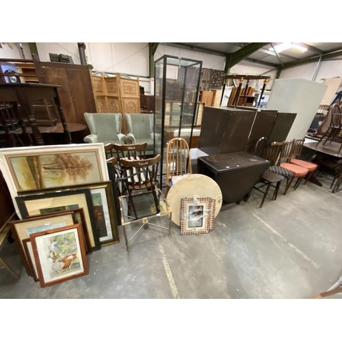 175 - Assorted framed pictures and prints, Errol hoop back chair, oak drop leaf table 74H 150W 92D, assort... 