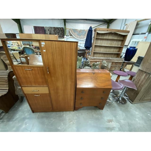 179 - Mid century teak wardrobe 149H 97W 47D, walnut effect bureau with 1 key 96H 73W 40D, 5 assorted bar ... 