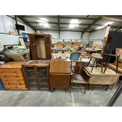 188 - Pine chest 90H 77W 46D, oak bookcase 100H 75W 26D (as found) oak bureau 106H 61W 42D etc